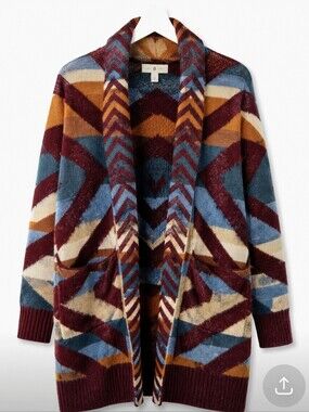 Geometric Pattern Open Cardigan Sweater - Multi-Color